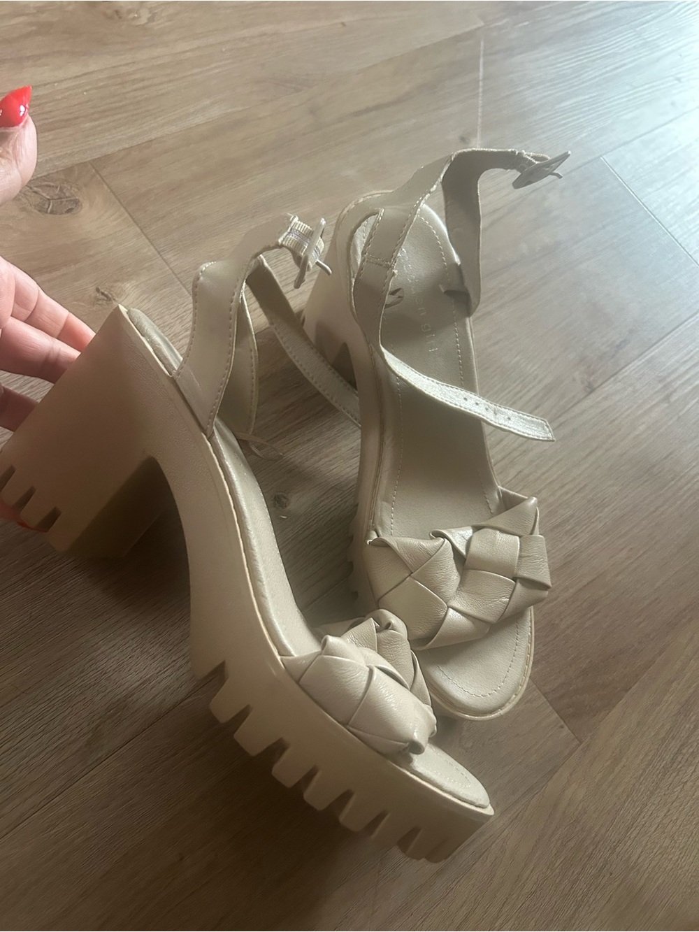 Madden Girl Cream Woven Strap Chunky Heel Sandals